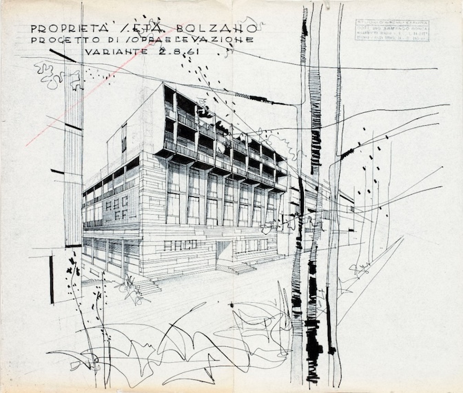 Armando-Ronca-Ristrutturazione-e-sopraelevazione-del-quotidiano-Alto-Adige-Bolzano-1962-1963-disegno-prospettico-Archivio-Storico-della-città-di-Bolzano